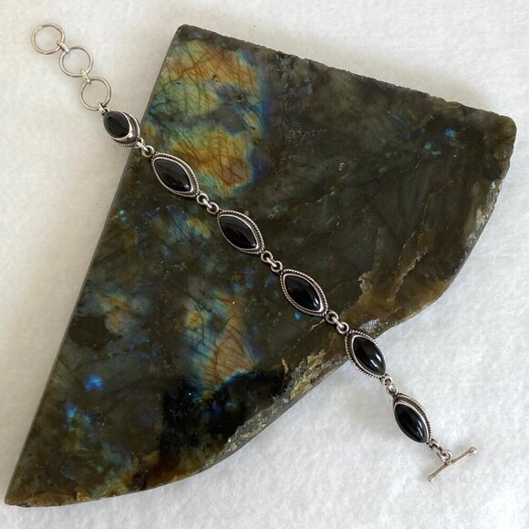 Sterling Silver Southwest Style Marquise Black Onyx Link Bracelet 6"-6.75" - Picture 6 of 16